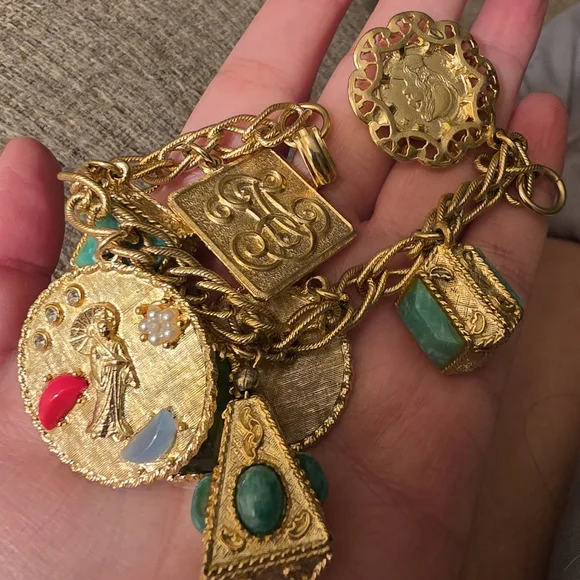 Vintage Gold-Tone Charm Bracelet with Green and Multicolor Gem Accents - Picture 2 of 14